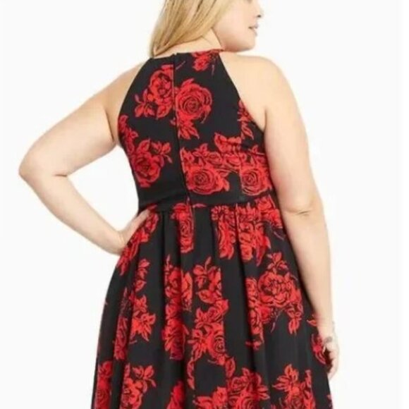 76-16 Torrid Black & Red Rose Halter Neck Knee length Skater Dress Size 14 - Picture 7 of 10